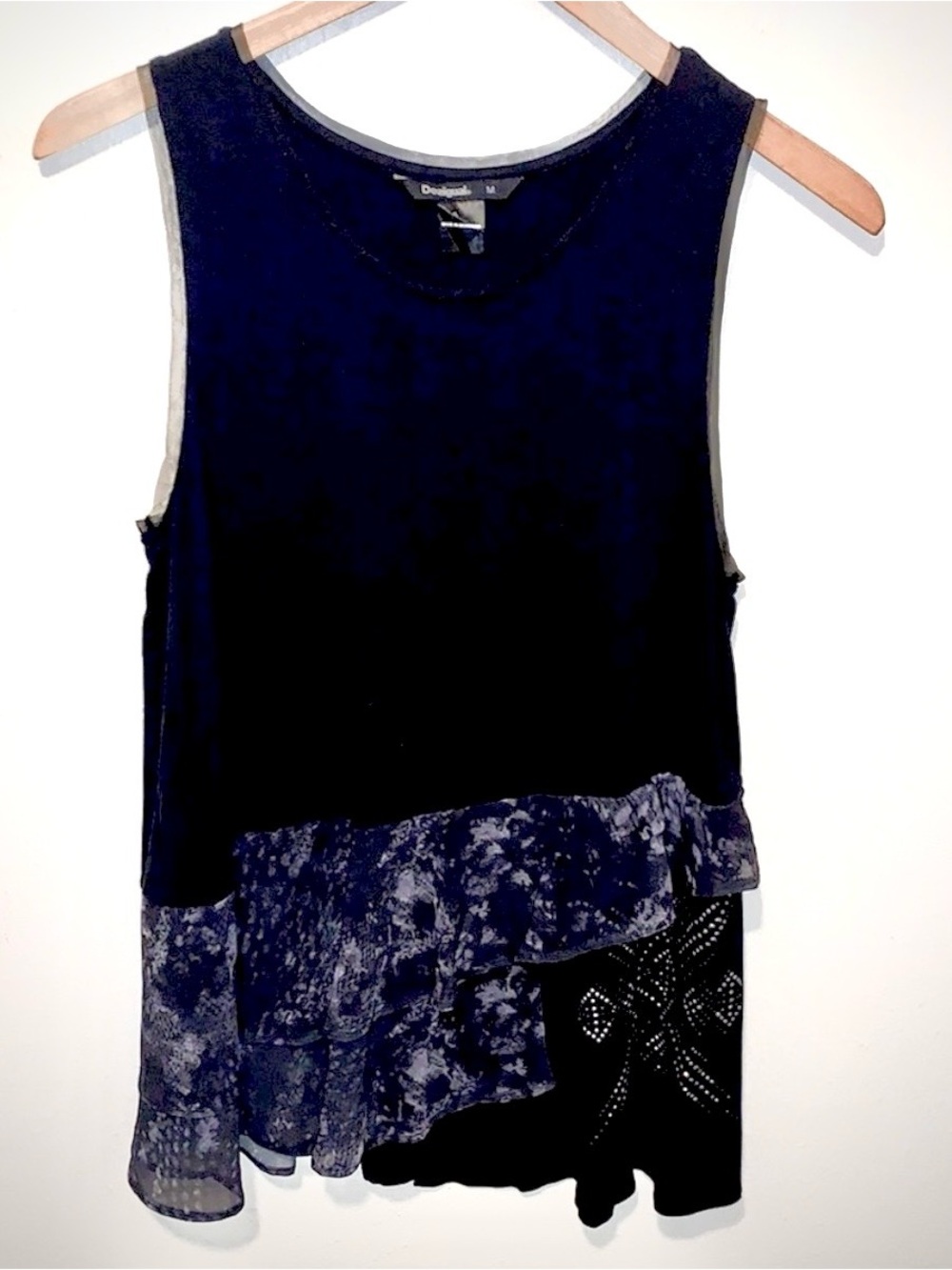Desigual Tank Top Asymmetrical Ruffle Hem Floral Mesh Black Gray Size Medium
